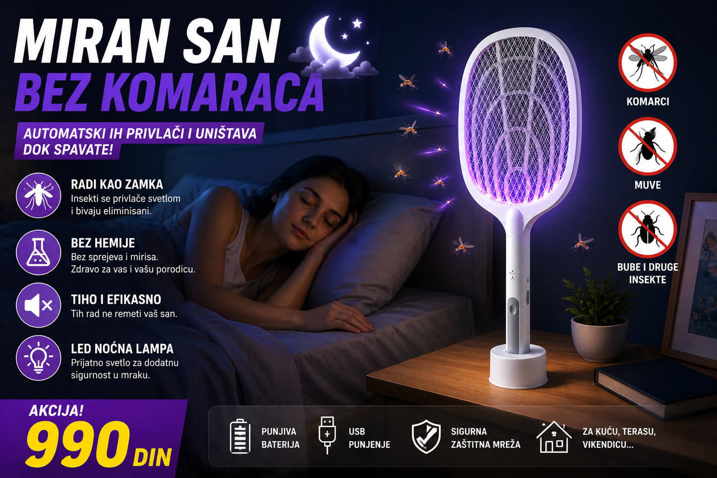 Električni Reket za Komarce 2 u 1
