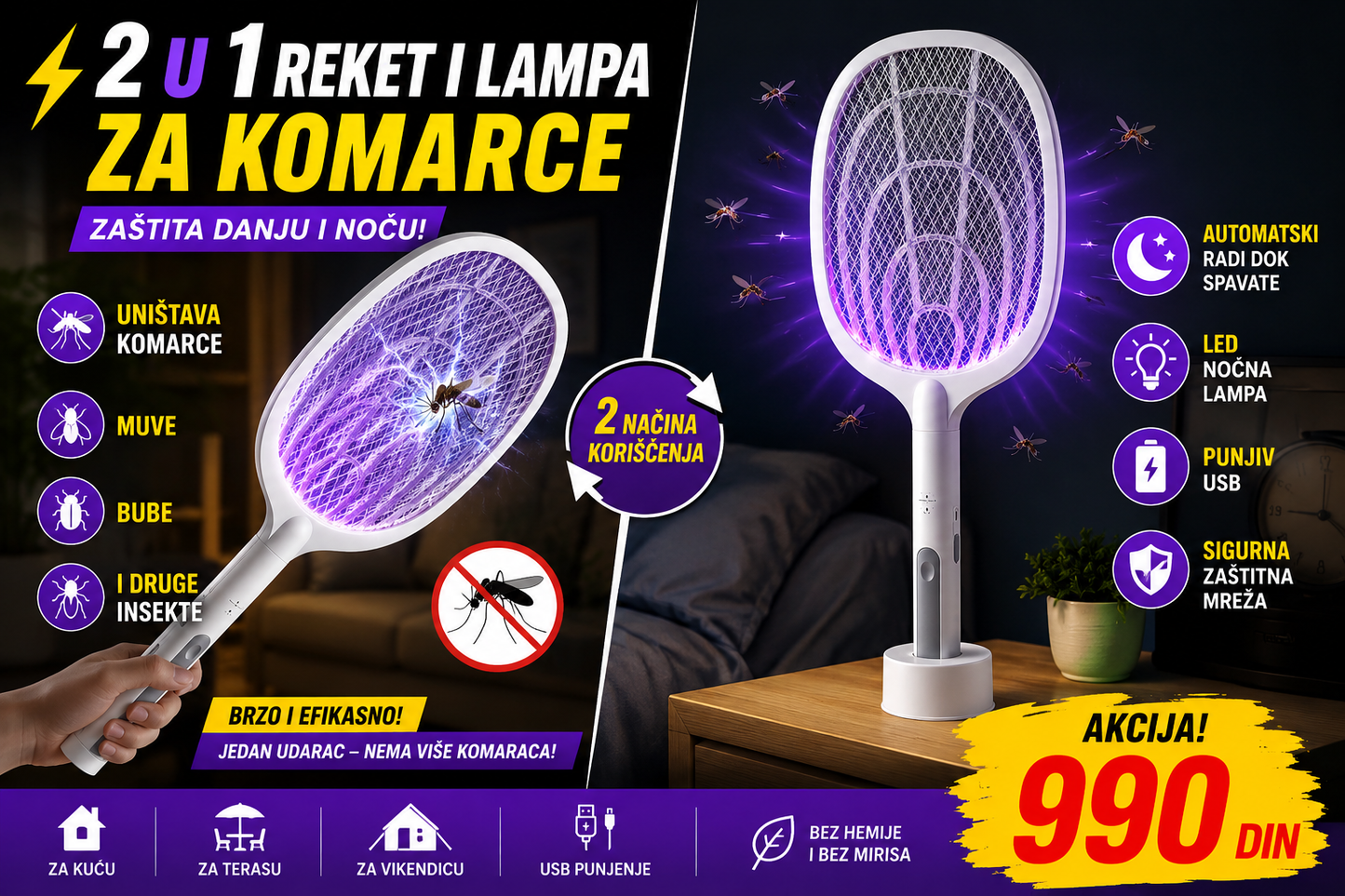 Električni Reket za Komarce 2 u 1